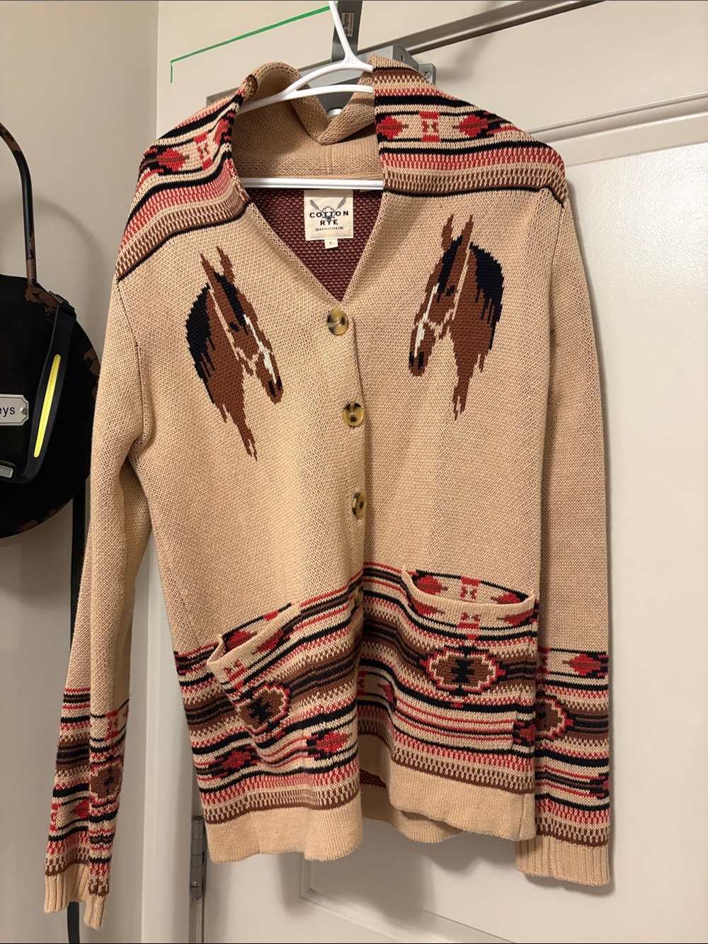 Cotton & Rye Tan Horse-Pattern Hooded Cardigan